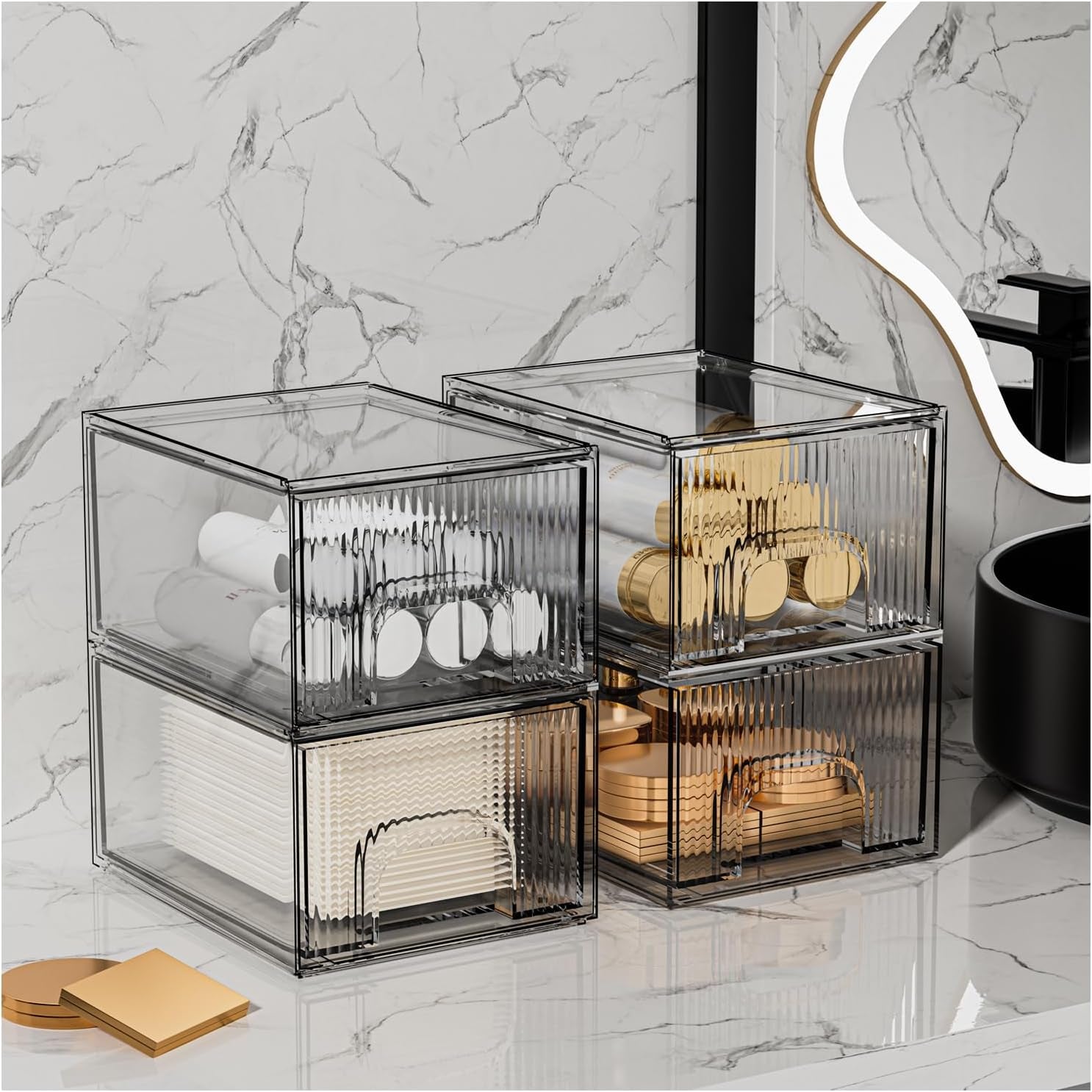 Clear Stackable Acrylic Storage Drawers - 4 Pack Cosmetic and Organizer Solution for Dresser, Kitchen Cabinet, Pantry, and Home Organization