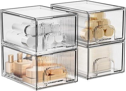 Clear Stackable Acrylic Storage Drawers - 4 Pack Cosmetic and Organizer Solution for Dresser, Kitchen Cabinet, Pantry, and Home Organization